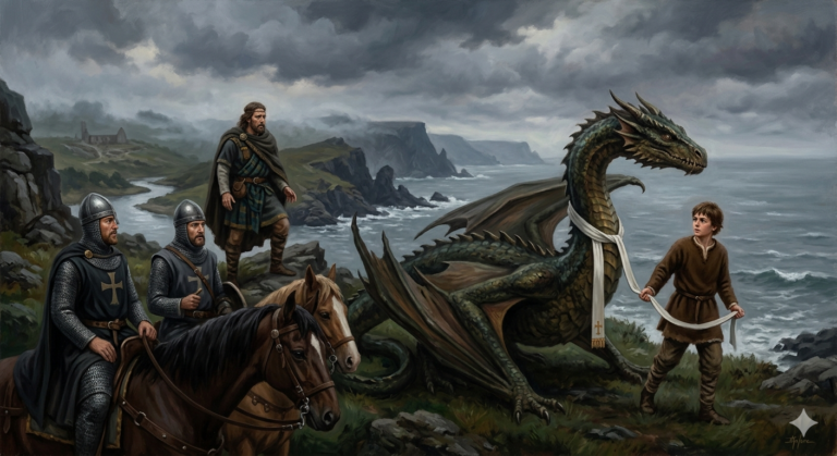 Saint Riok terrassant le dragon, légende bretonne, Pays Pagan